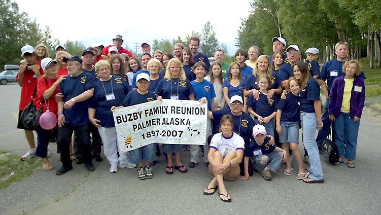 Group photo of about 40 Buzby family members